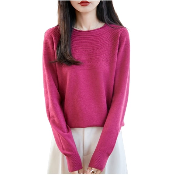 Enjoytime Womens Blouses Solid Color Crewneck Knitted Sweater Trendy Fashion Loose Casual Base Tops Hot Pink L