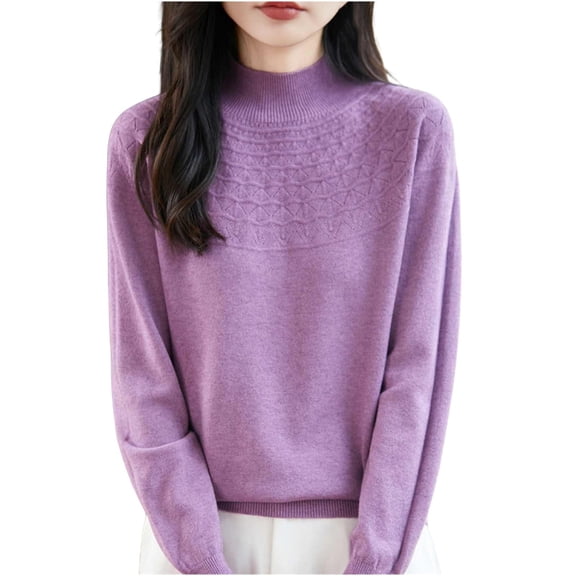 Enjoytime Womens Blouses Solid Color Semi High Neck Base Knitted Sweater Casual Trendy Shirts Fashion Long Sleeve Tops Purple M