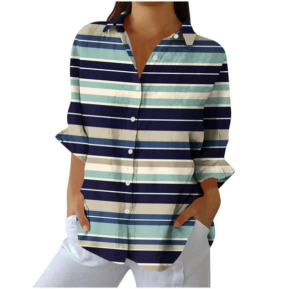 Enjoytime Womens Blouses Striped Long Sleeve Collared Button Down Shirts Casual Office Work Plus Size Fall Tops