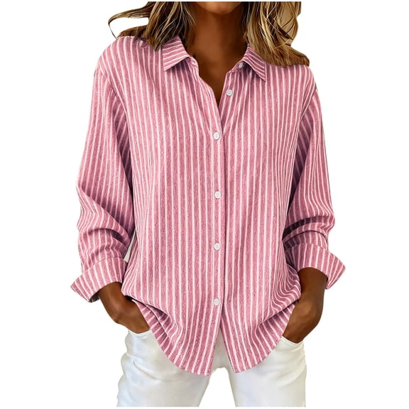 Enjoytime Womens Blouses Striped Long Sleeve Lapel Button Down Shirts Lightweight Fashion Business Casual Tops Pink L