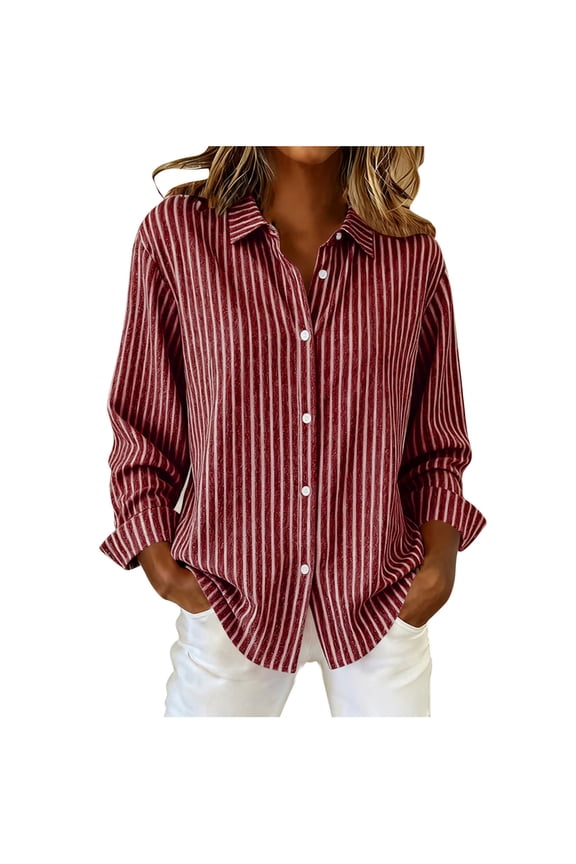 Womens Blouses Striped Long Sleeve Lapel Button Down Shirts Lightweight Fashion Business Casual Tops Wine S