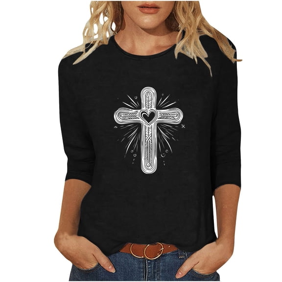 Enjoytime Womens Blouses Trendy Printed 3/4 Sleeve Crewneck Tee Shirts Tops Loose Fashion Casual Shirts for Women