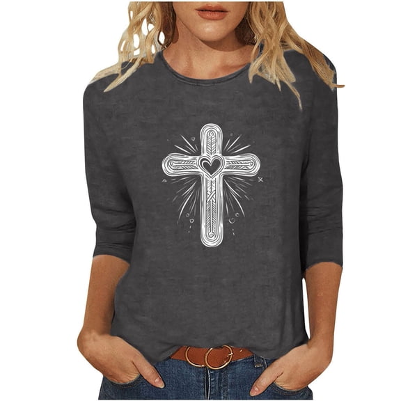 Enjoytime Womens Blouses Trendy Printed 3/4 Sleeve Crewneck Tee Shirts Tops Loose Fashion Casual Shirts for Women