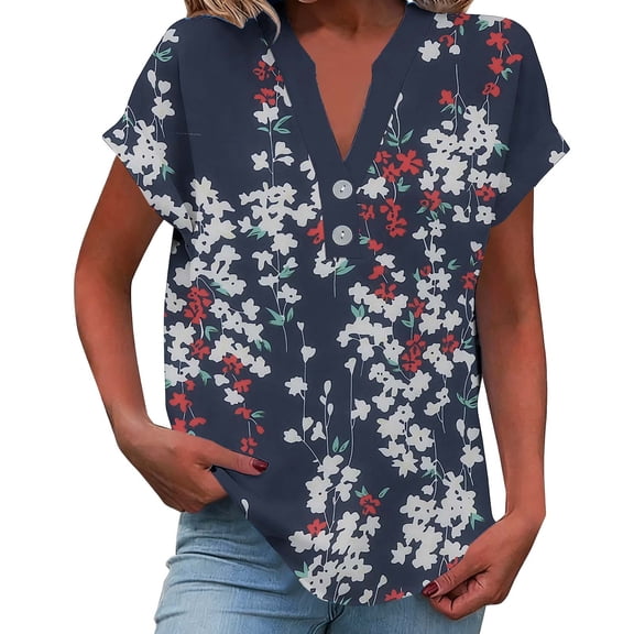 Enjoytime Womens Blouses Trendy Vintage Printed V-Neck Button Down Shirt Summer Spring Plus Size Fashion Casual Tops Navy M