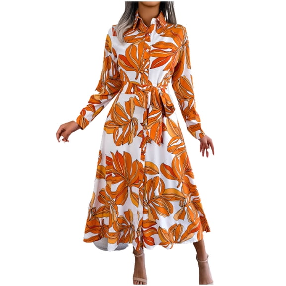 Enjoytime Womens Boho Floral Sexy Dresses Casual Fashion Long Sleeved A Line Wrap Hip Drees High Waist Button Down Beachwear Hawaiian Midi Dresses For Women