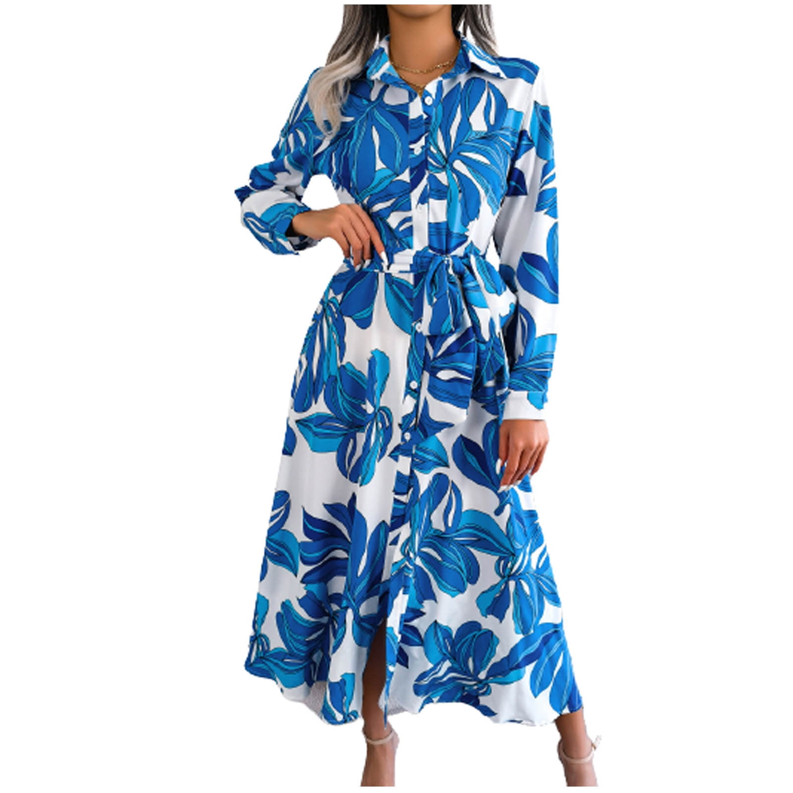 Enjoytime Womens Boho Floral Sexy Dresses Casual Fashion Long Sleeved A  Line Wrap Hip Drees High Waist Button Down Beachwear Hawaiian Midi Dresses  For Women