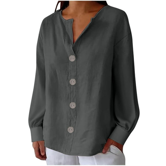 Enjoytime Womens Button Down Shirt Solid Color V-Neck Long Sleeve Tops Loose Business Casual Blouses