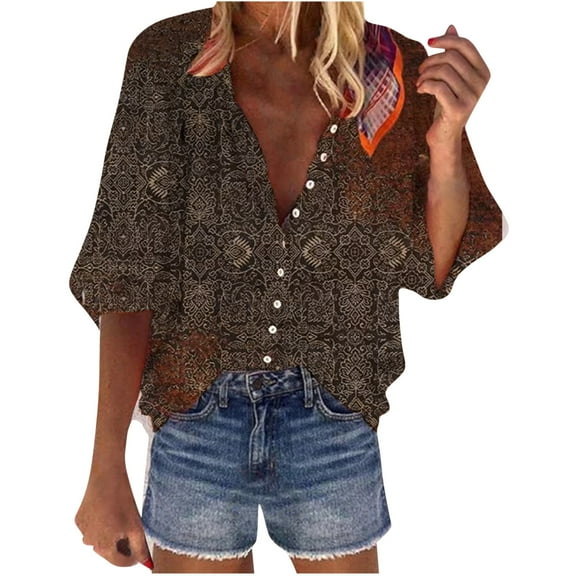 Enjoytime Womens Button Down Shirts 3/4 Sleeve Floral Printed V Neck Blouse Casual Cute Plus Size Tops for Women