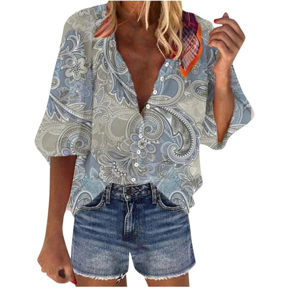 Enjoytime Womens Button Down Shirts 3/4 Sleeve Floral Printed V Neck Blouse Casual Cute Plus Size Tops for Women