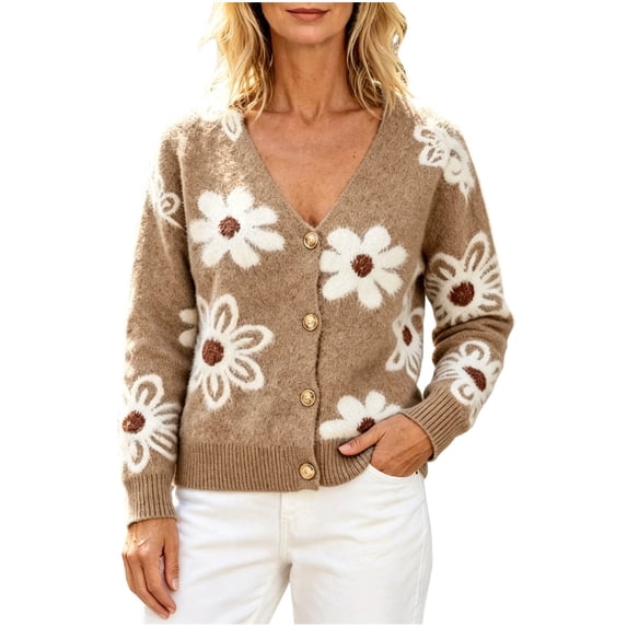 Enjoytime Womens Cardigan Floral Print V Neck Long Sleeve Button Down Knit Sweaters Tops Cozy Soft Loose Casual Cardigans