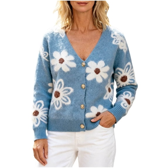 Enjoytime Womens Cardigan Floral Print V Neck Long Sleeve Button Down Knit Sweaters Tops Cozy Soft Loose Casual Cardigans
