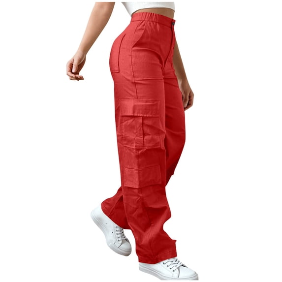 Enjoytime Womens Cargo Pants Solid Color Elastic Waist Loose Casual Trousers Fashion Hiking Travel Plus Size Pants Red XXL