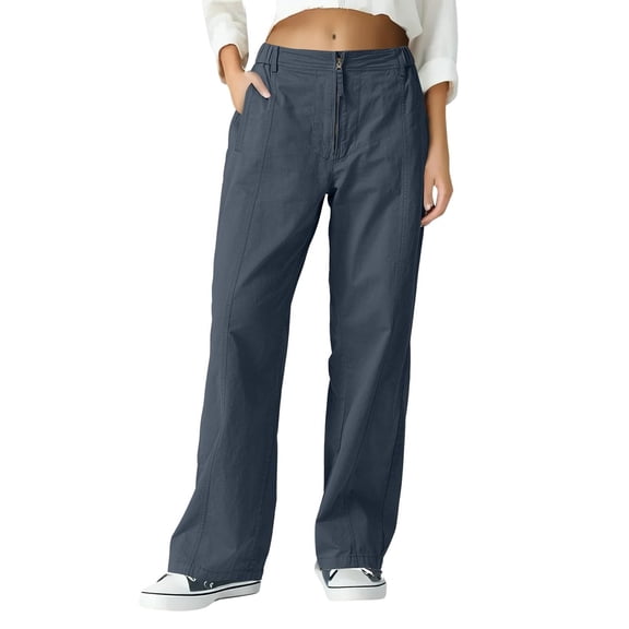 Enjoytime Womens Cargo Pants Solid Color Straight Zip Up Work Pants Loose Lounge Casual Business Trousers with Pockets 2025 Navy XXL