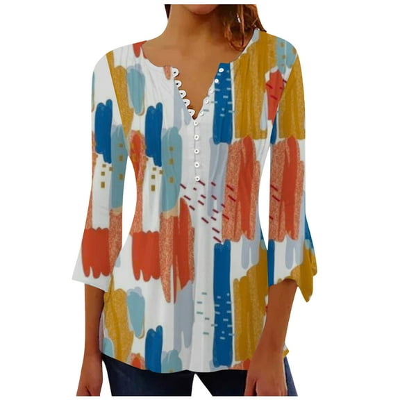 Enjoytime Womens Casual Blouses Flared 3/4 Sleeve Button Basic Tunic Tops Pleated Fashion Printed Women Clothing Plus Size