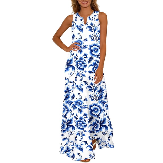 Enjoytime Womens Casual Dress Sleeveless V Neck Floral Long Dresses Summer Loose Flowy Beach Vacation Sundress