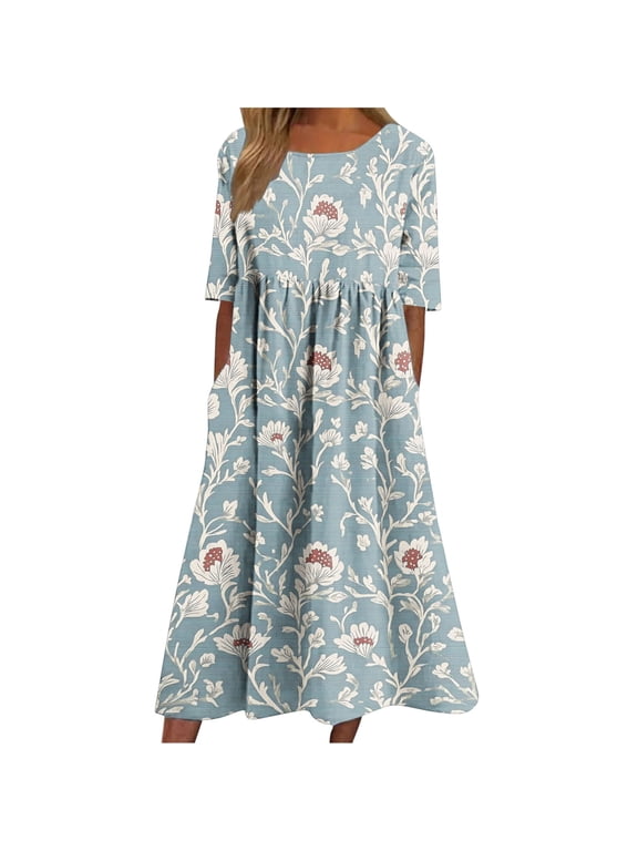 Womens Casual Dresses for Summer Floral Printed Short Sleeve Plus Size Dress Boho Beach Vacation Outfits