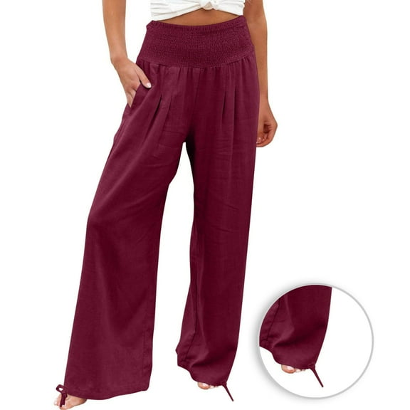 Enjoytime Womens Casual Pants Solid Color High Waist Straight Wide Leg Pants Lounge Travel Workout Trousers Plus Size Womens Clothing Wine XL