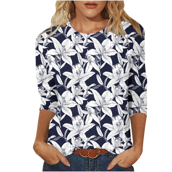 Enjoytime Womens Casual Tops Hawaiian Printed Crewneck 3/4 Sleeve Shirt Trendy Beach Vacation Plus Size Blouse Black XXL