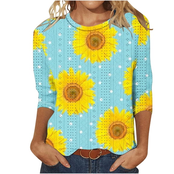 Enjoytime Womens Casual Tops Loose Fit Crewneck Shirts Cute Flower Print Three Quarter Length Tunic Women's Blouses