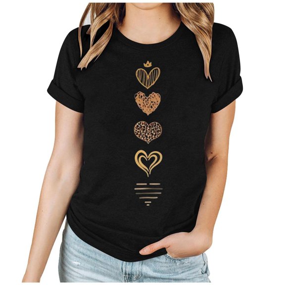 Enjoytime Womens Casual Tops Valentine Lover Heart Graphic Round Neck Short Sleeve Blouses Trendy Fashion Shirts Plus Size Clothing Black L