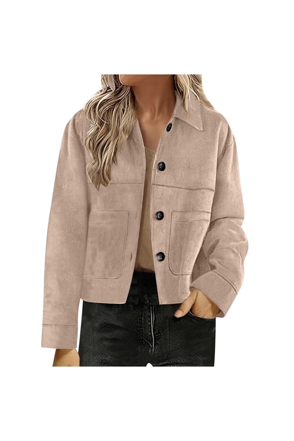 Womens Coats Solid Color Lapel Button Down Cropped Jacket Fashion Fall Winter Trendy Casual Outerwear Khaki M