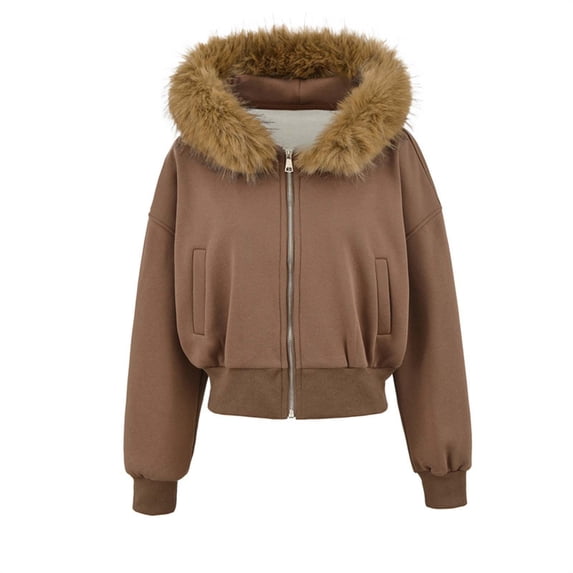 Enjoytime Womens Coats Solid Color Long Sleeve Full Zip Up Hooded Cropped Jacket Fall Winter Warm Comfy Casual Outerwear
