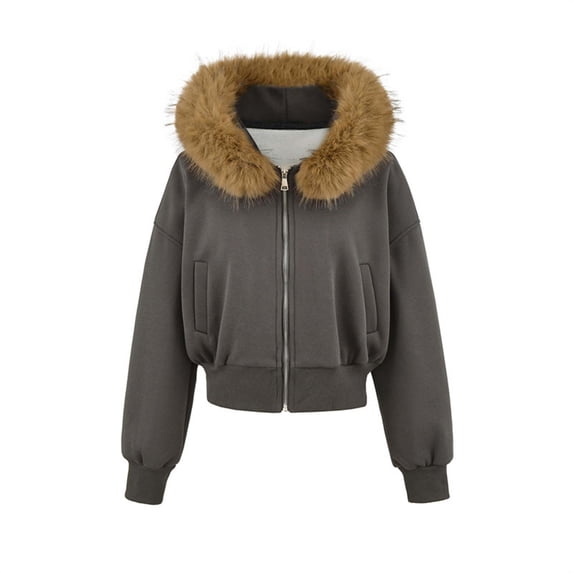 Enjoytime Womens Coats Solid Color Long Sleeve Full Zip Up Hooded Cropped Jacket Fall Winter Warm Comfy Casual Outerwear
