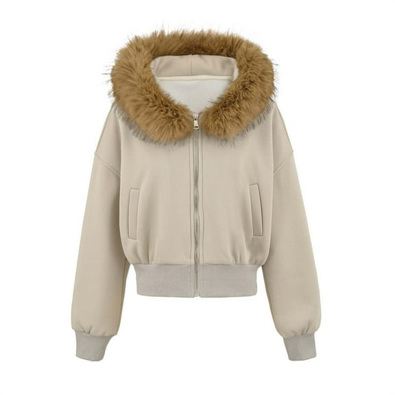 Enjoytime Womens Coats Solid Color Long Sleeve Full Zip Up Hooded Cropped Jacket Fall Winter Warm Comfy Casual Outerwear