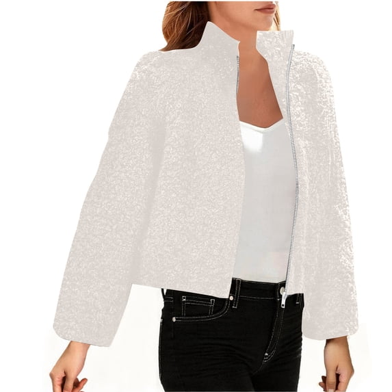 Enjoytime Womens Coats Solid Color Long Sleeve Zipper Cropped Jacket Warm Thick Casual Outerwear Fall Fashion Plus Size Clothing