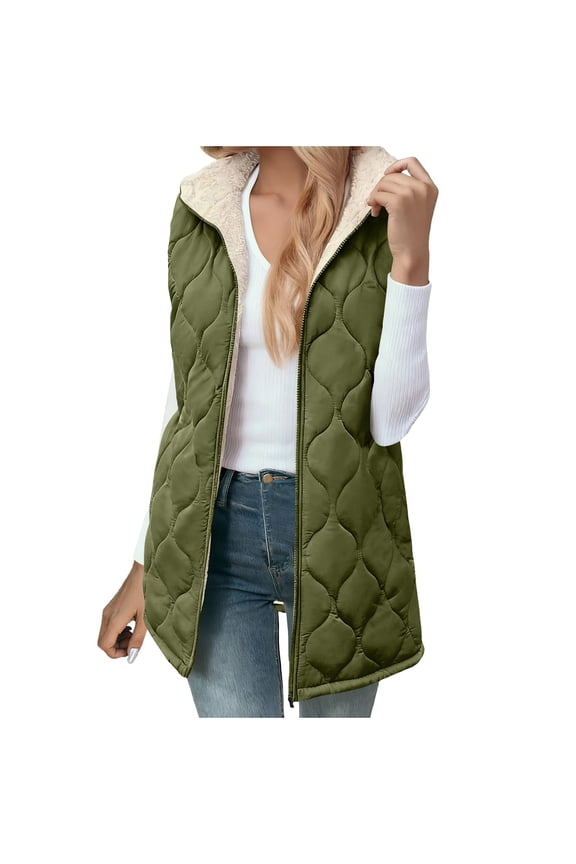 Womens Coats Solid Color Sleeveless Hooded Zip Up Puffer Jacket Fall Winter Warm Lightweight Casual Vests Outerwear Green XXL