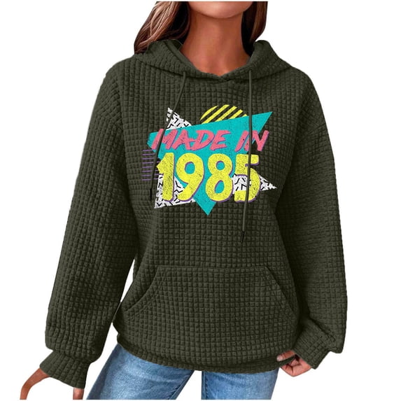 Enjoytime Womens Crewneck Sweatshirt Casual Retro Pattern Printed Long Sleeve Pullover Tops with Pocket Drawstring Waffle Loose Womens Hoodie Clothing on Clearance