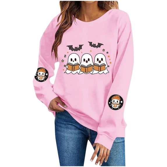 Enjoytime Womens Crewneck Sweatshirt Halloween Cute Ghost Graphic Long Sleeve Oversized Sweatshirts Fall Fashion Vintage Pullover Tops