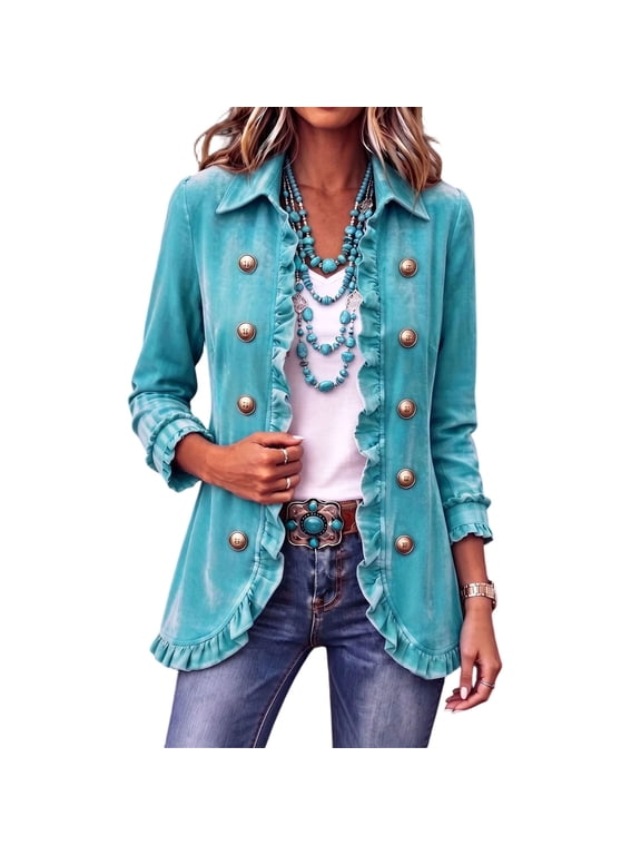 Womens Denim Jacket Ruffle Open Front Double Breasted Button Jean Coat Vintage Casual Cardigan Plus Size Fall Outerwear