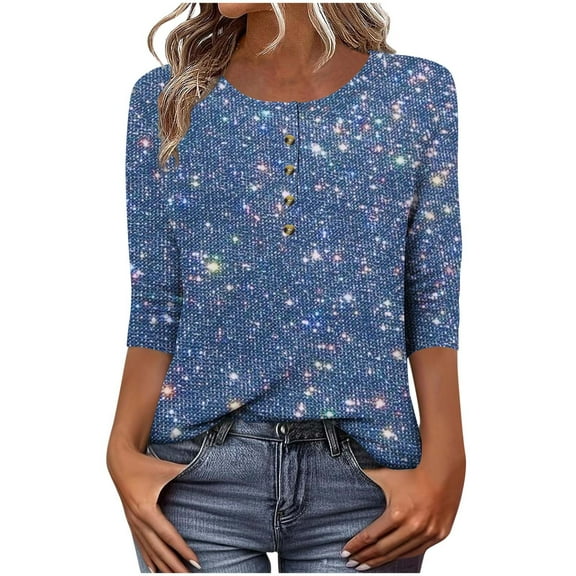 Enjoytime Womens Dress Shirts Sequin Printed Crewneck 3/4 Sleeve Tops Fashion Party Trendy Casual Plus Size Blouse Blue L