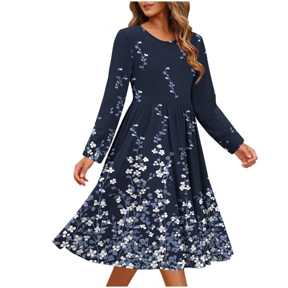 Enjoytime Womens Dress Vintage Printed Round Neck Long Sleeve Midi Dresses Spring Casual Flowy Elegant Dress