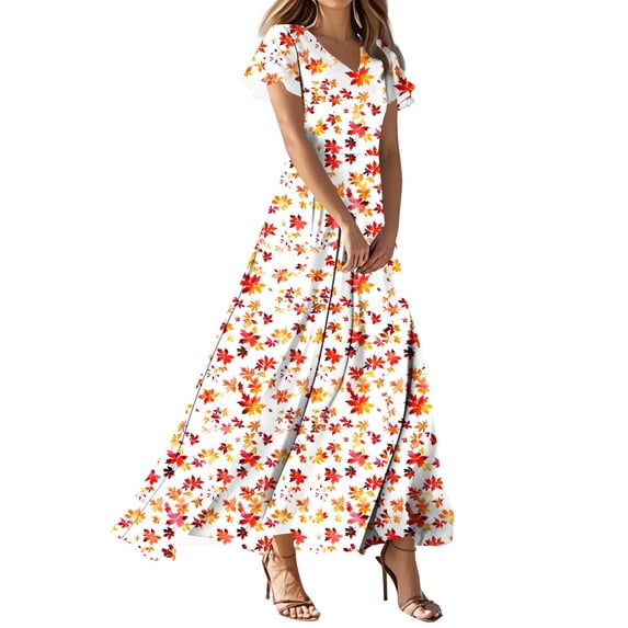 Enjoytime Womens Dresses Floral V-Neck Ruffle Short Sleeve Swing A Line Sundress Boho Beach Vacation Plus Size Maxi Dress