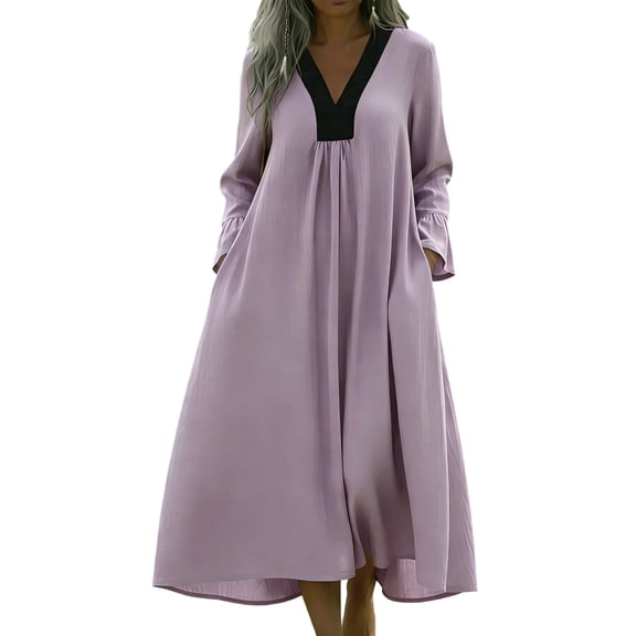 Enjoytime Womens Dresses Patchwork V-Neck Long Sleeve Dresses Loose Casual Vacation Plus Size Maxi Dress 2026