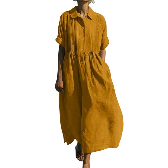 Enjoytime Womens Dresses Solid Color Long Sleeve Collar V Neck Button Down Maxi Dress Trendy Loose Beach Vocation Sundresses