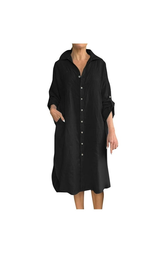 Womens Dresses Solid Color Long Sleeve Lapel Casual Maxi Dress Button Down Cotton Linen Loose Plus Size Casual Dresses Black XXXXL