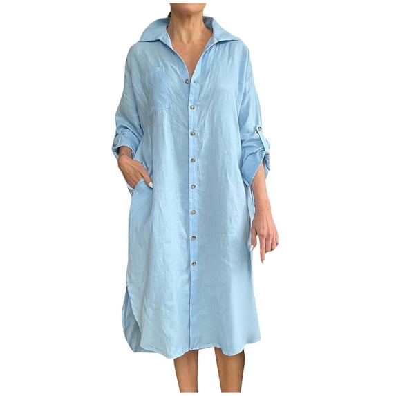Enjoytime Womens Dresses Solid Color Long Sleeve Lapel Casual Maxi Dress Button Down Cotton Linen Loose Plus Size Casual Dresses Light Blue XXXXXL