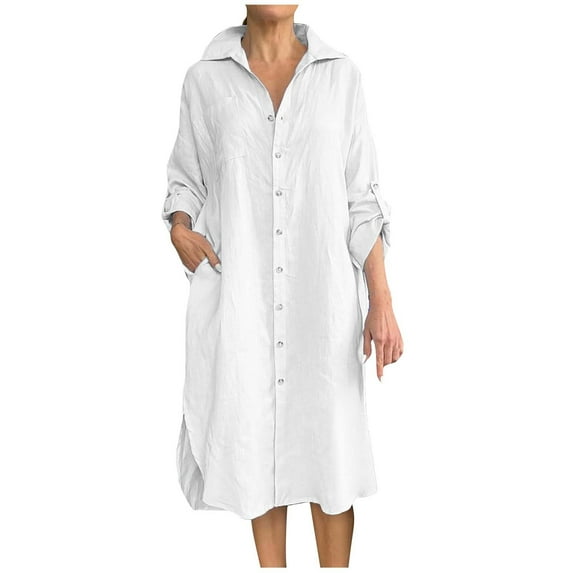 Enjoytime Womens Dresses Solid Color Long Sleeve Lapel Casual Maxi Dress Button Down Cotton Linen Loose Plus Size Casual Dresses White M