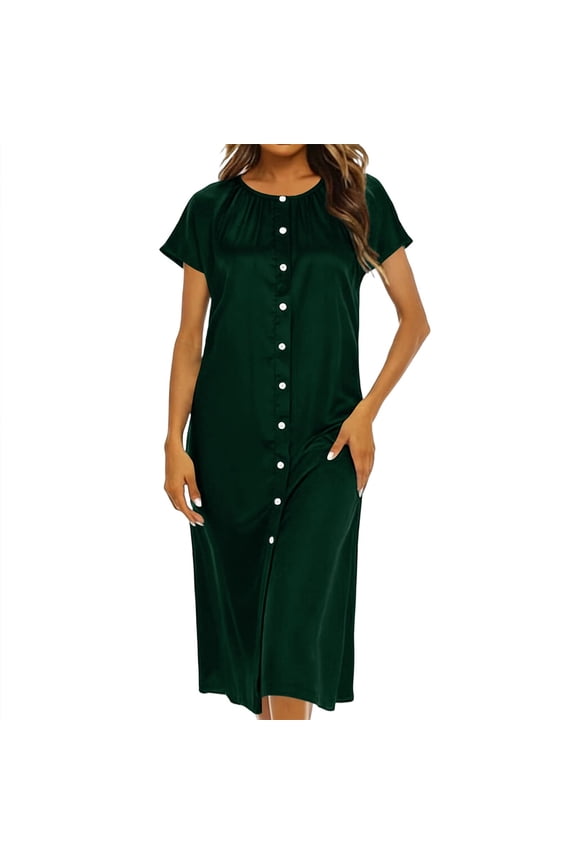 Womens Dresses Solid Color Round Neck Button Down Shirt Dresses Spring Summer Loose Casual Midi Dress