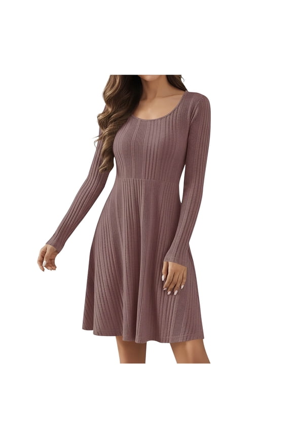 Womens Dresses Solid Color Round Neck Pleated Long Sleeve Short Dress Spring Work Business Casual Dresses