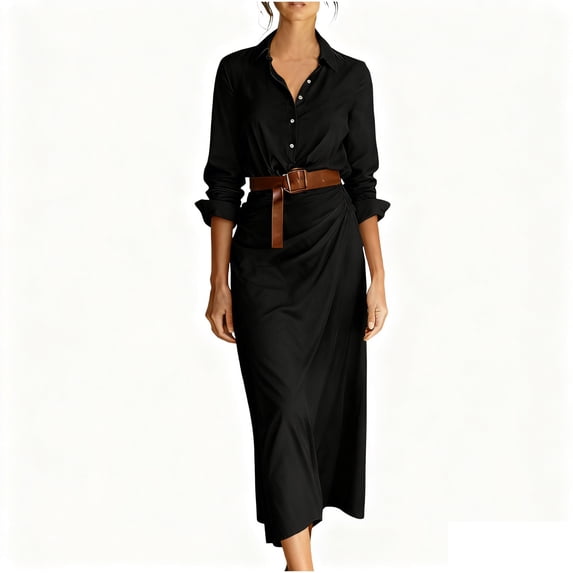 Enjoytime Womens Dresses Solid Color V-Neck Button Down Long Sleeve Dress with Bandage Fashion Business Casual Plus Size Maxi Dress
