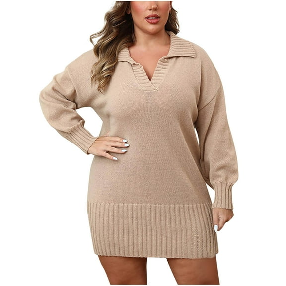 Enjoytime Womens Dresses Solid Color V-Neck Long Sleeve Knit Mini Dresses Casual Loose Fall Winter Plus Size Dress Khaki L