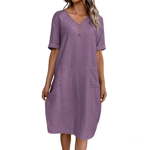 Enjoytime Womens Dresses Solid Color V-Neck Short Sleeve Midi Dress Summer Beach Vacation Casual Dress with Pockets