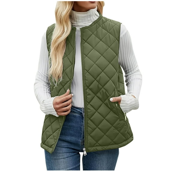 Enjoytime Womens Fall Jacket Solid Color Sleeveless Zip Up Jackets Winter Warm Vests Plus Size Fashion Casual Outerwear Army Green XL