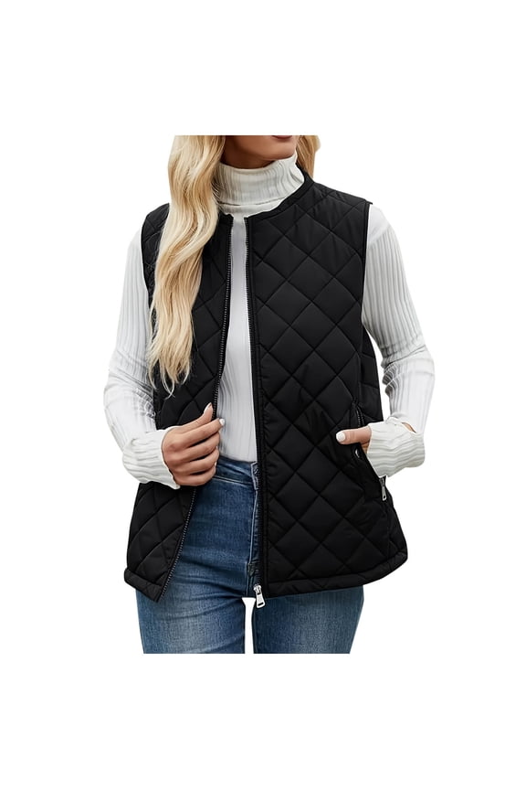 Womens Fall Jacket Solid Color Sleeveless Zip Up Jackets Winter Warm Vests Plus Size Fashion Casual Outerwear Black XXXL