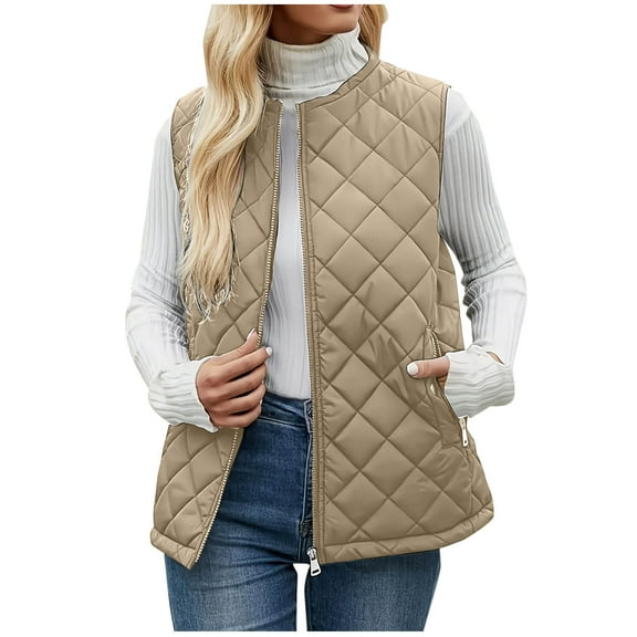 Enjoytime Womens Fall Jacket Solid Color Sleeveless Zip Up Jackets Winter Warm Vests Plus Size Fashion Casual Outerwear Khaki XXXL