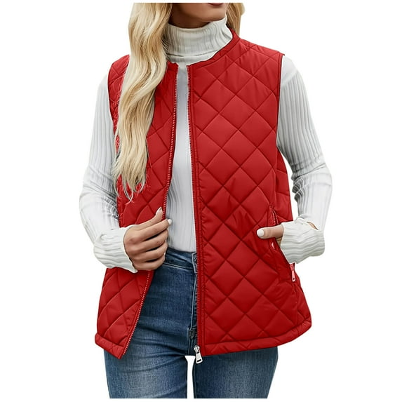 Enjoytime Womens Fall Jacket Solid Color Sleeveless Zip Up Jackets Winter Warm Vests Plus Size Fashion Casual Outerwear Red L